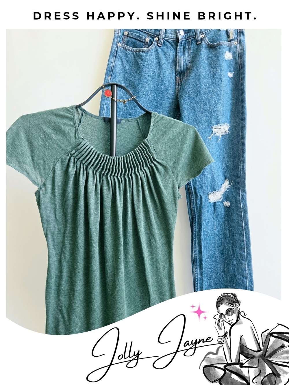 STYLE BUNDLE! Calvin Klein Distressed Jeans, Green Gap Top, Bracelet